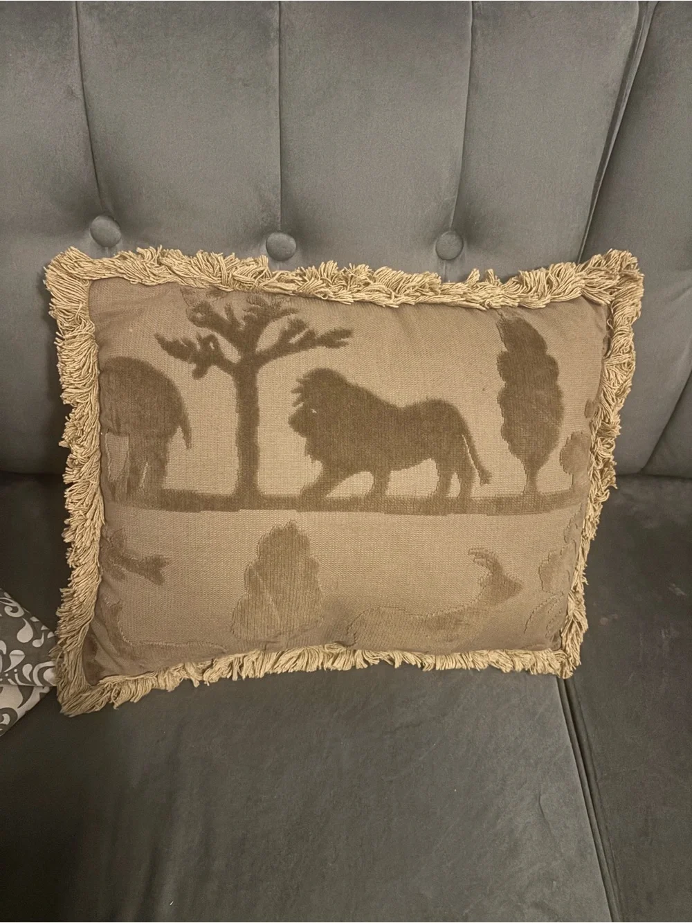 Newport Beige Lion Motif Fringe Accent Pillow